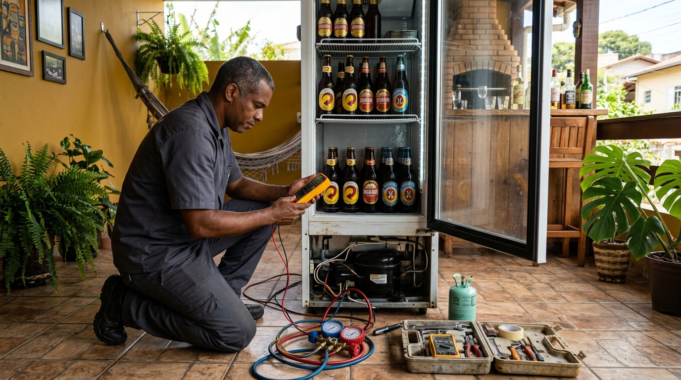 Placa eletrônica de cervejeira em reparo na bancada em Bauru‑SP