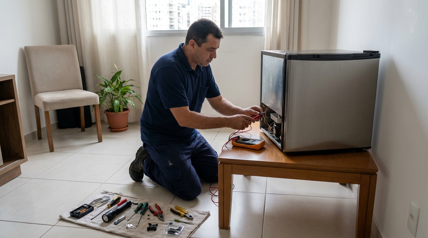 Técnico revisando o motor de um frigobar em Bauru‑SP