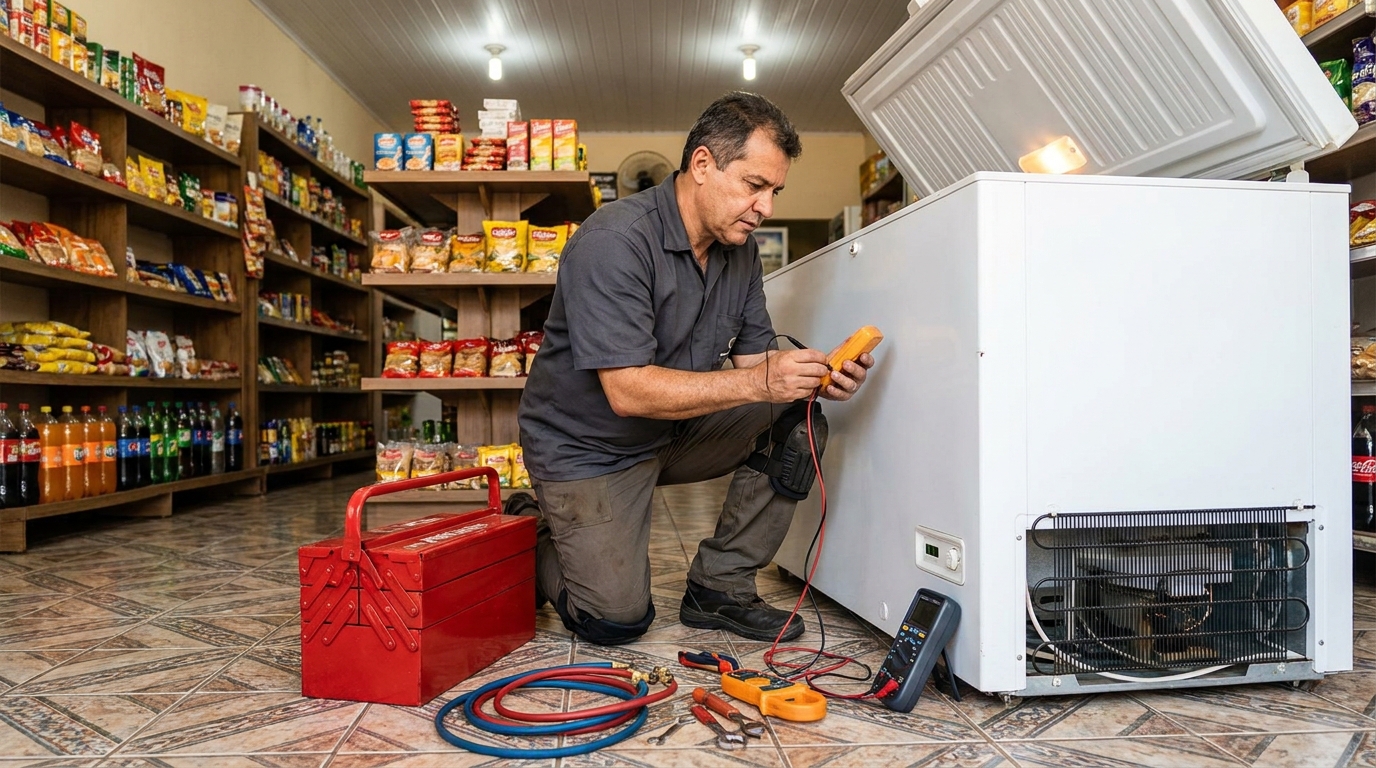Manômetro conectado ao circuito durante recarga de gás de freezer em Bauru‑SP