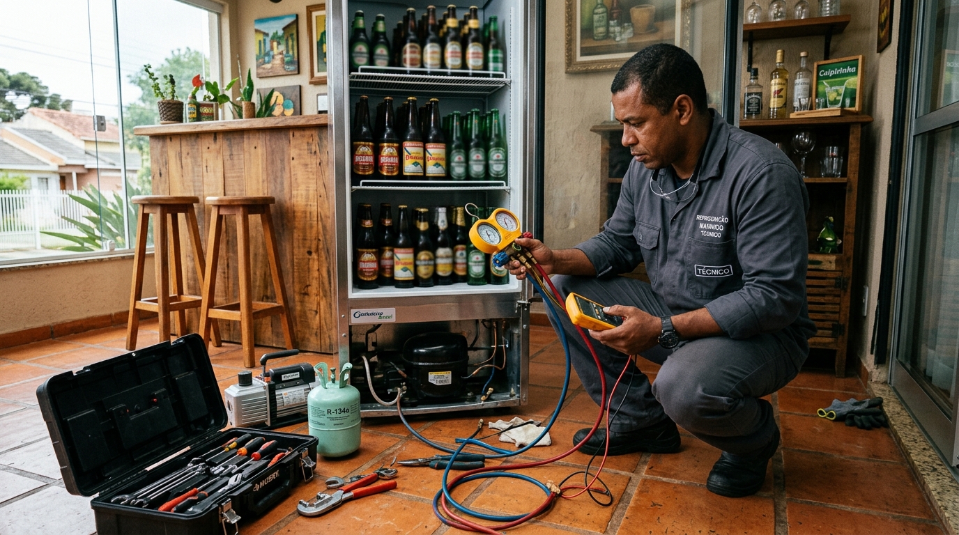 Técnico conferindo a temperatura de uma cervejeira durante atendimento em Bauru‑SP