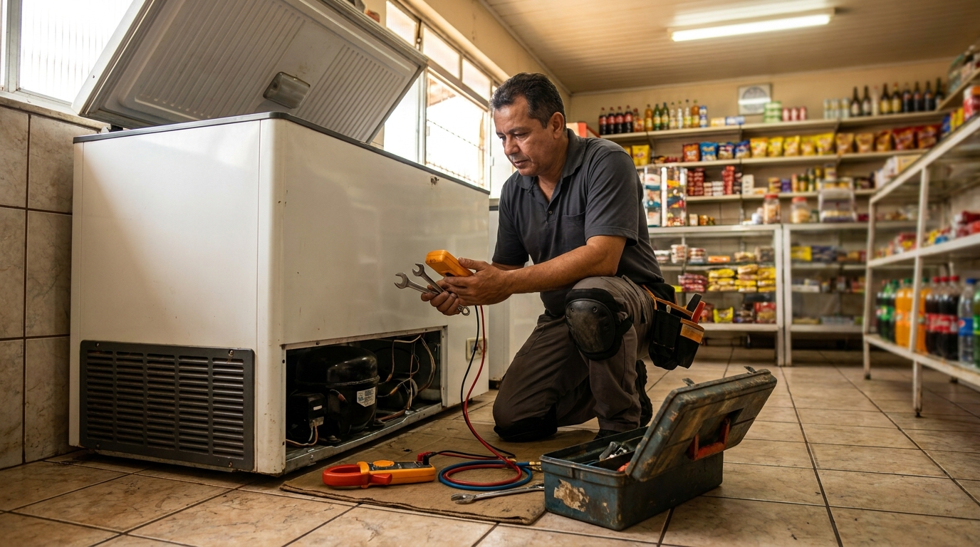 Técnico avaliando um freezer vertical durante atendimento em Bauru‑SP